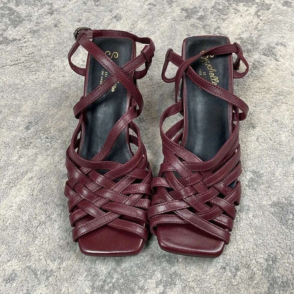 Seychelles Charter Leather Cross Cross Strappy Cage Sandals Chunky Heel Sz 6
